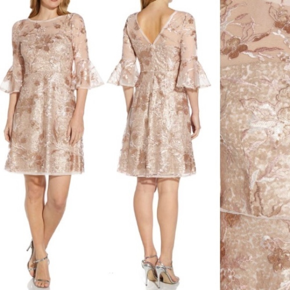 adrianna papell embroidered bell sleeve sequin cocktail dress in joyful blush - Picture 2 of 4
